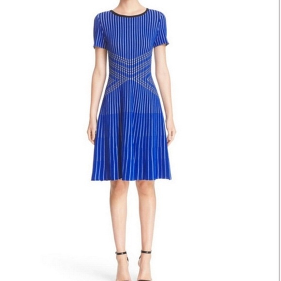 St John Atlantis royal blue black knit fit and flare knee length dress